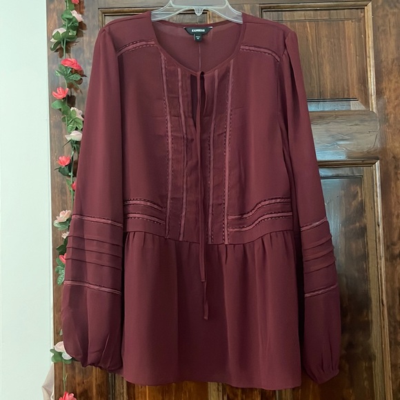 Express Wine Red boho tie long sleeve top - Picture 1 of 4